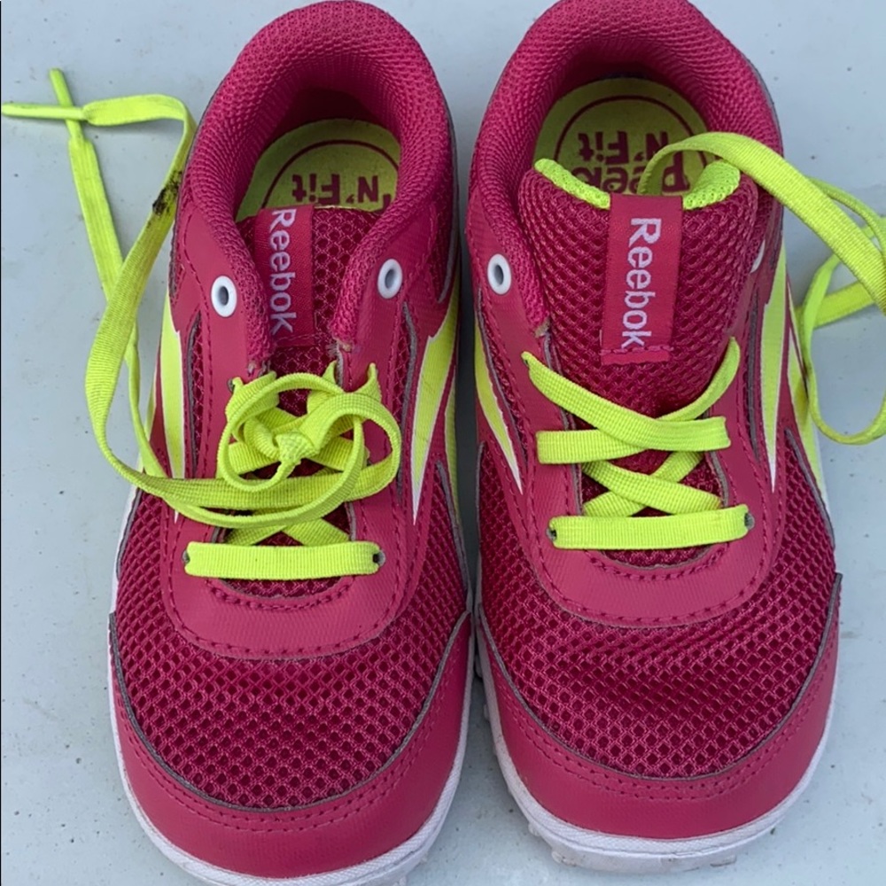 Pink white n neon yellowish Reebok sneakers